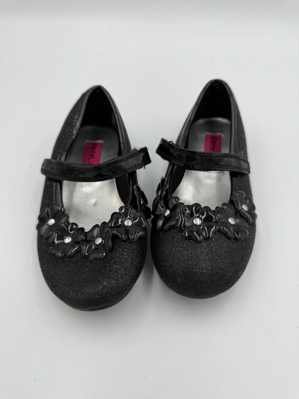 Rachel Shoes Toddler Girls 10 Formal Black Glitter Mary Jane Flats Floral Trim